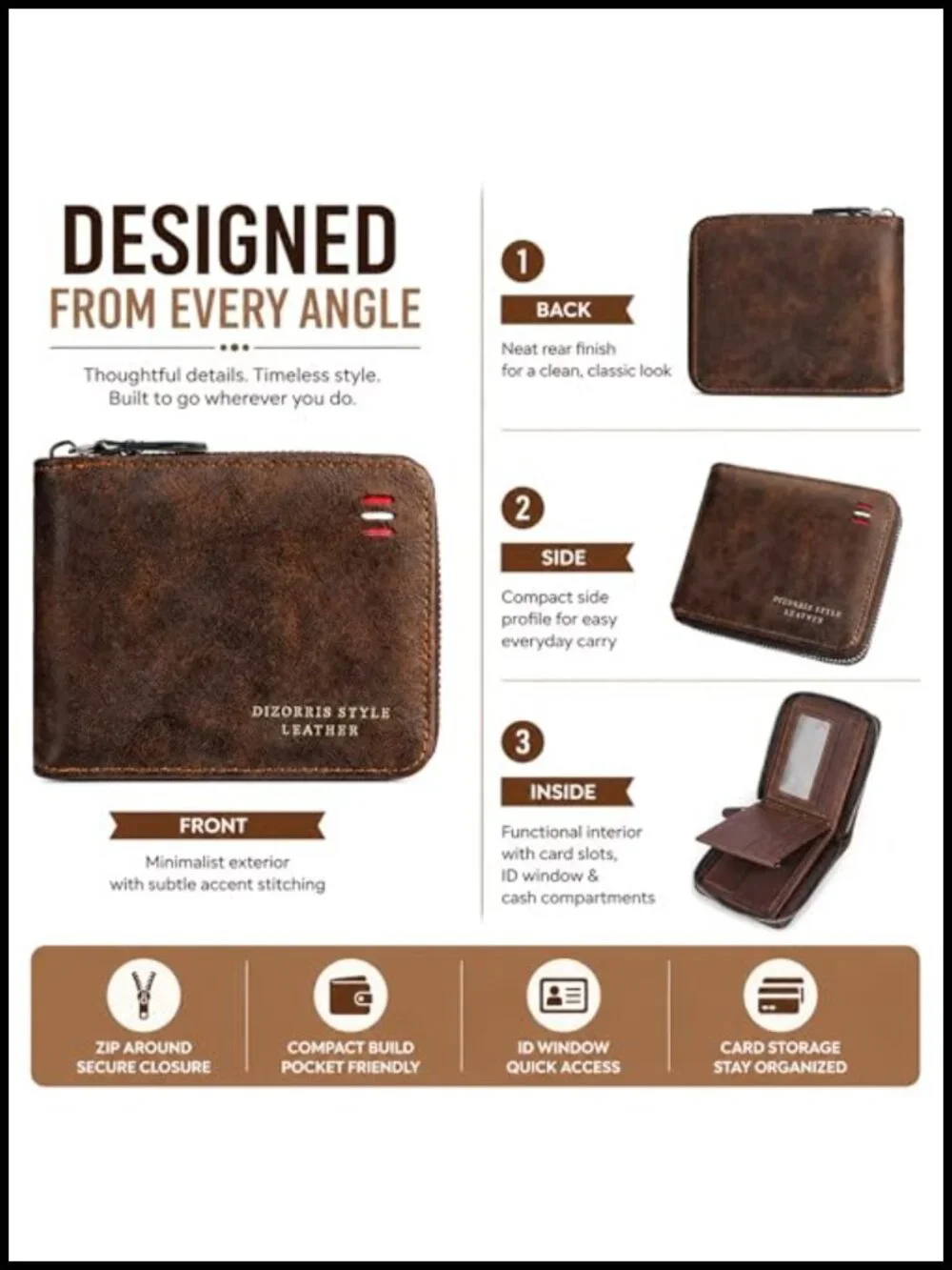 Slim Leather Bi-Fold Zipper Closure Wallet with 9 Card Slots